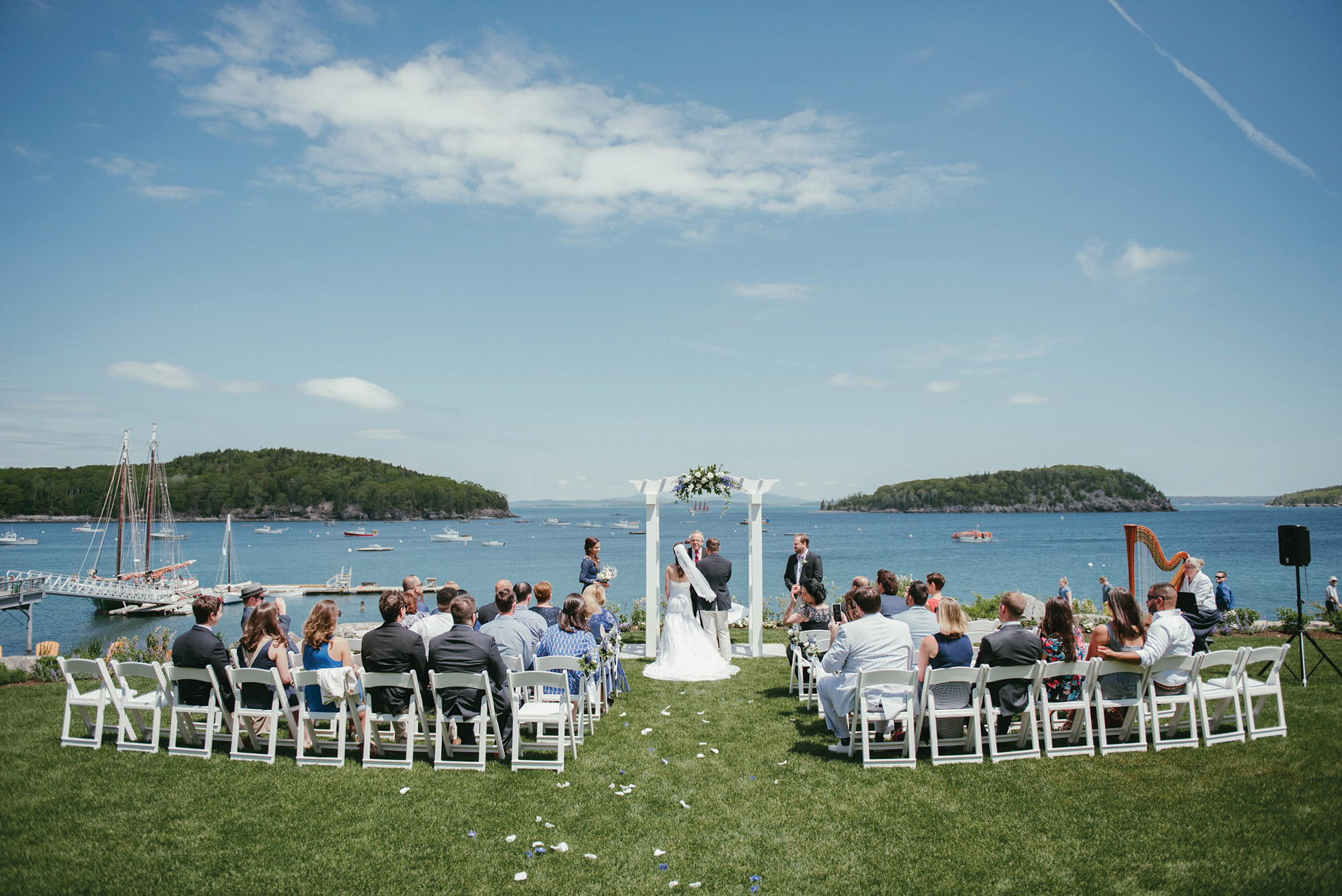 Image of an outdoor wedding ceremony at the Bar Harbor Inn, Bar Harbor, Maine